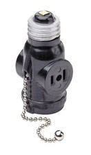 Leviton C30-01406-000 Black Two Outlet Socket Adapter with Pull Chain