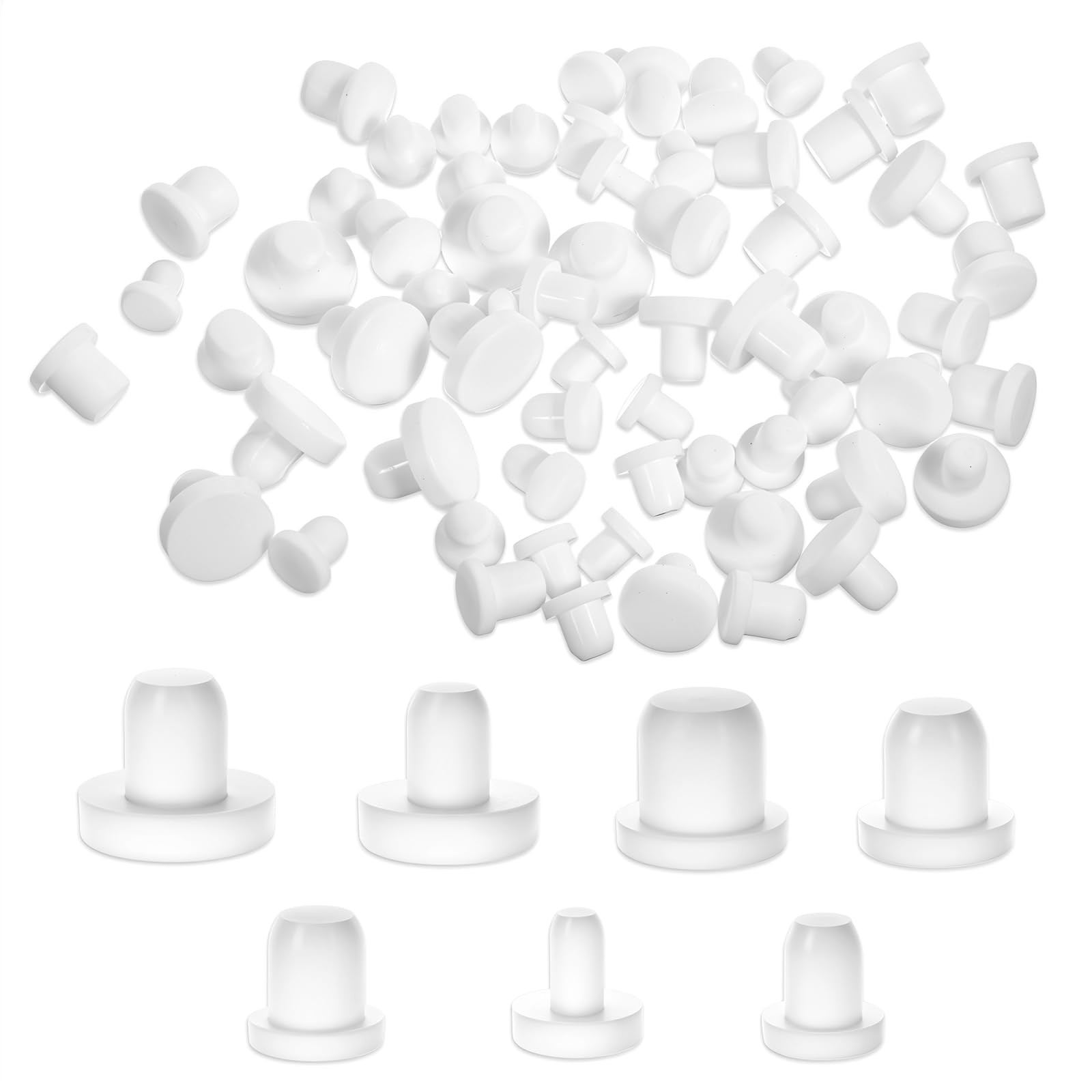 70 Pcs Silicone Rubber Hole Plug, 7 Sizes Round Button End White