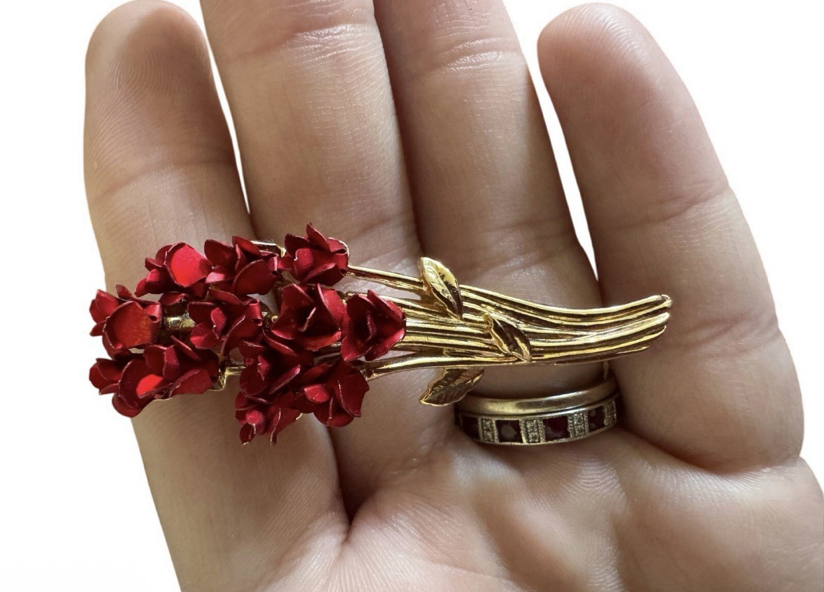 Vintage Gold Tone Brooch, Pin, Dozen Red Enamel Roses, Signed