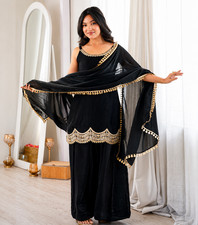 Indian Women's Black Silk Sharara Suit Set Mirror Work Kurta Dupatta Party Wear