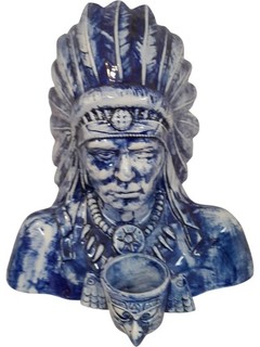 Native American Ceramic Bust Blue White Decorative Figure Antique Style