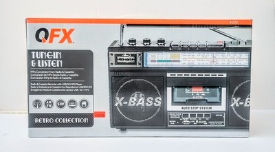 QFX Boombox Black J-22U Cassette Rec AM/FM USB/SD