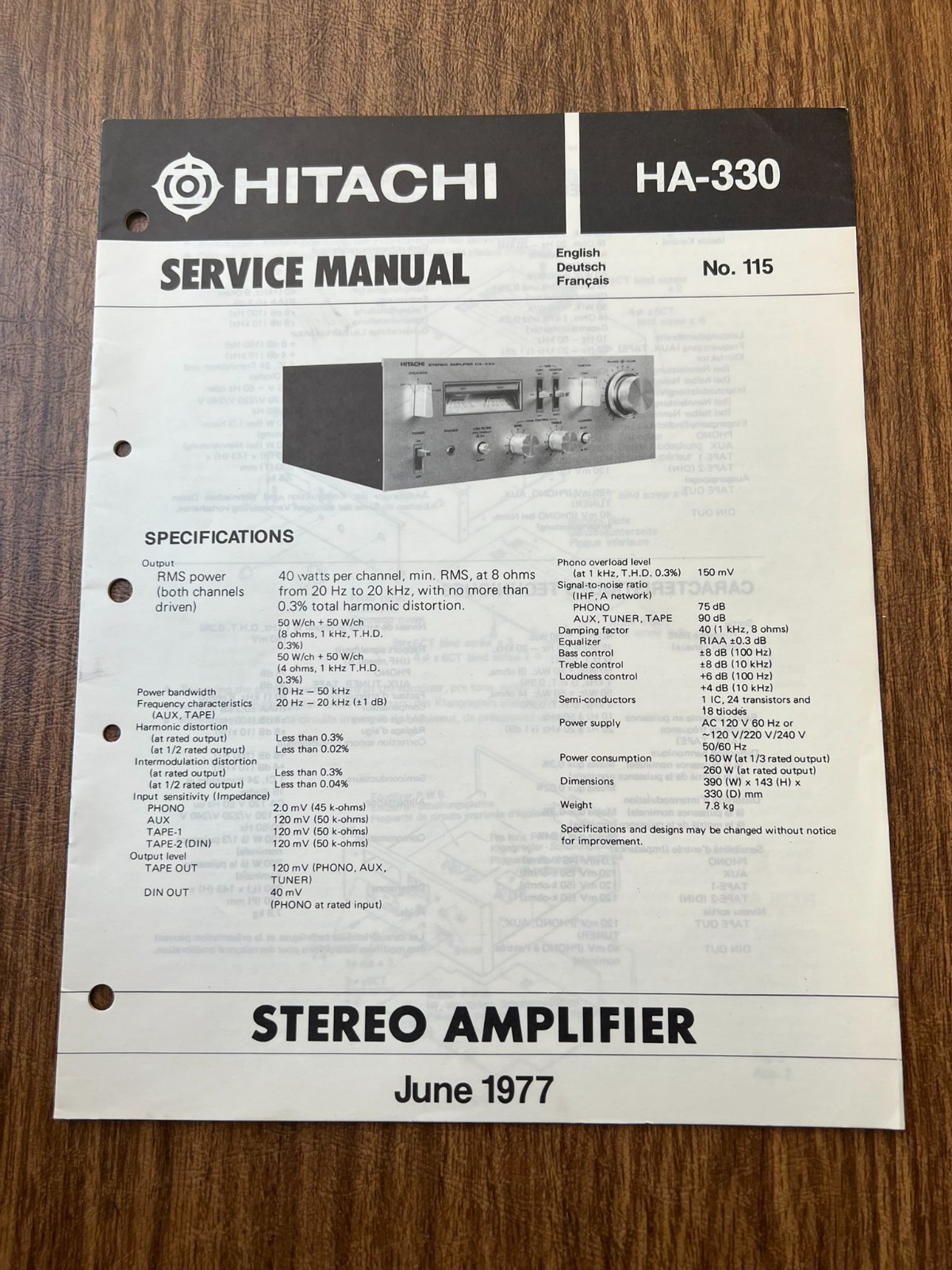 Original 1977 HITACHI HA-330 Amplifier Service Manual / Schematic