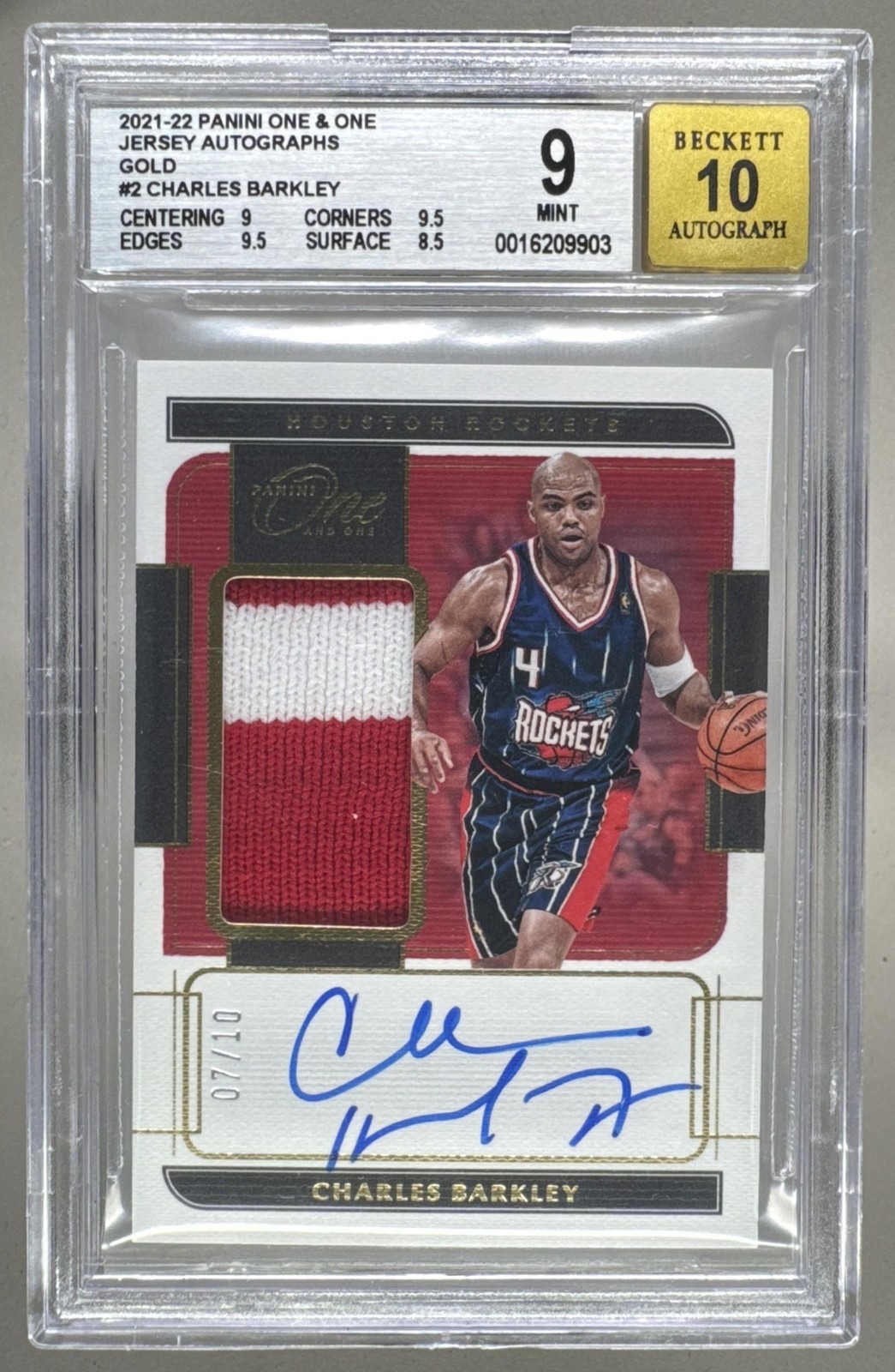 Charles Barkley 2021 Panini One and One Gold Jersey Patch Auto 7/10 BGS 9/10 view 1