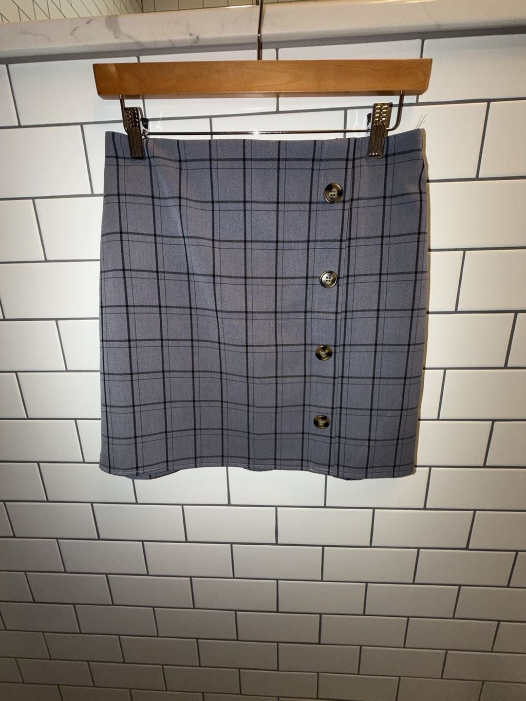 French Grey Plaid Button-Front Elastic Waist Mini Skirt
