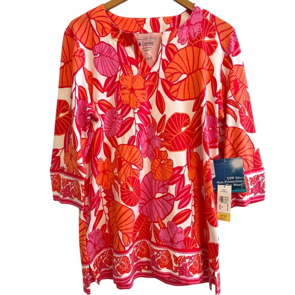 Top túnica Coolibar para mujer grande rosa Santa Lucía UPF 50+ protección solar floral Foto 3 de 4