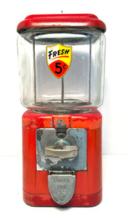 Vintage 1950s Oak Acorn 5 Cent Gumball Candy Vending Machine w/ Key Works