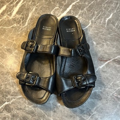 Stuart Weitzman Black Leather Sandals Flat Buckles 9.5-10?