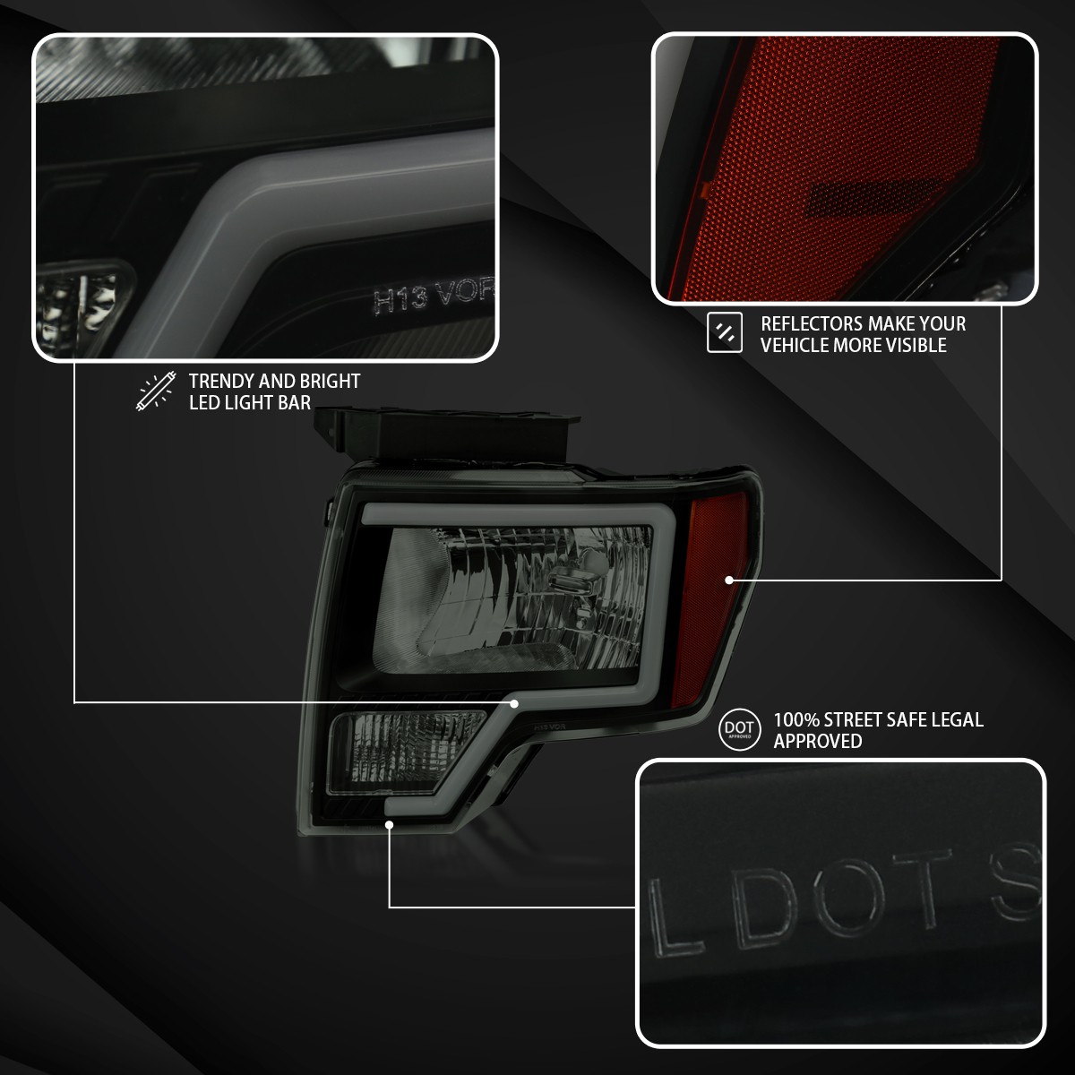 블랙 스모크 헤드라이트, 2009-2014년형 포드 F-150 LED 튜브 헤드램프 (한 쌍) 3