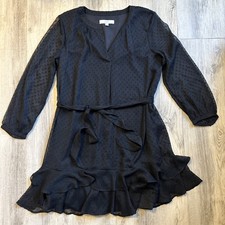 J14 Loft Women Size 4 Black Chiffon Micro Dot Tie Waist Flutter Dress Short Mini