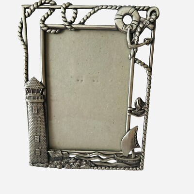 Vintage Pewter Lighthouse Picture Frame Ships Anchor Rope Nautical Fisherman
