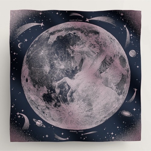 Scialle Hermes Clair de Lune 140 cm sciarpa seta Carre stola blu rosa luna Pegasus