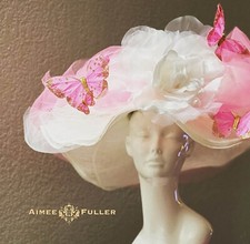 Kentucky Derby Hat Hot Pink Butterfly White Cream Silk Rose Royal Ascot Del Mar