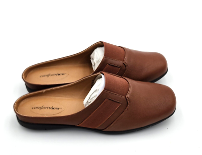Comfortview Womens Shoes 9M Brown Faux Leather Mules Slip Ons NEW