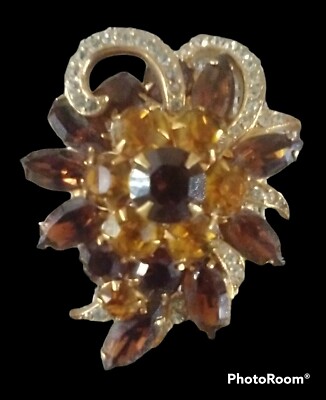 Vintage Eisenberg Amber Gold Tone Crystal Brooch & Clip On Earrings NOS Signed 