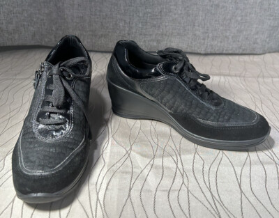 Imac Women Patent Leather Suede Black Lace-up or Zipper Wedge Shoes Sz 37 US 6.5