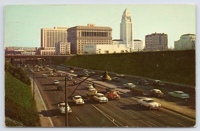 1960s Hollywood Freeway & Civic Center Old Cars Los Angeles California Postcard