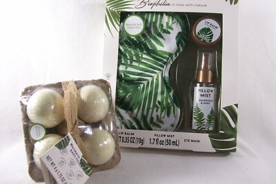 7 Piece Bath Sleep Set Lip Balm Fizzers Eye Mask Pillow Mist Mandarin & Mint New
