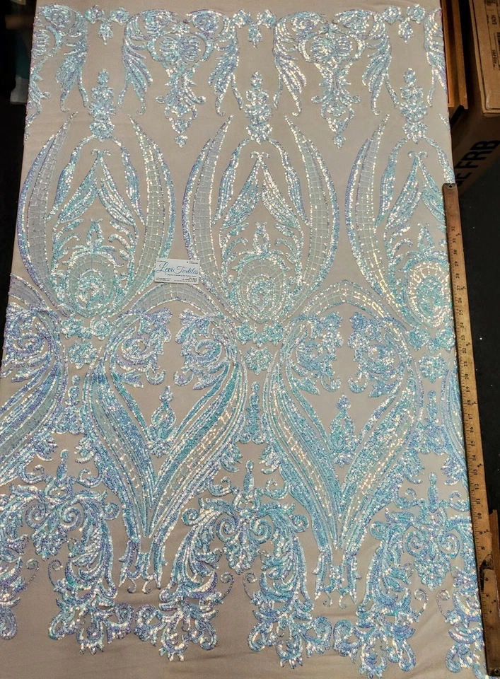 Tecido de lantejoulas de malha de elastano de náilon elástico azul/nude iridescente/design de ampulheta" - Imagem 2 de 4