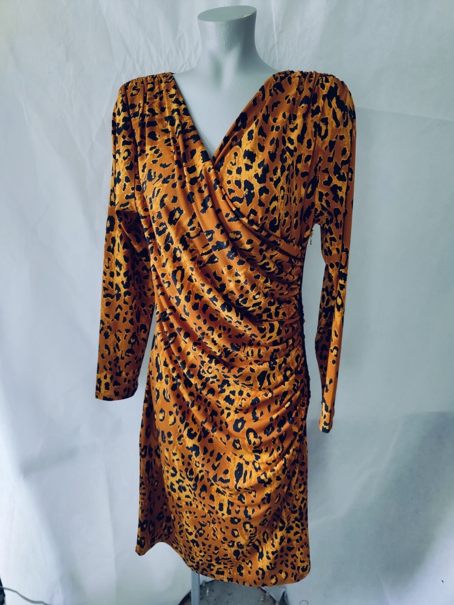 Ashro Leopard Print V Neck Cross Bodice Knit Dress Side Zip Size M | eBay