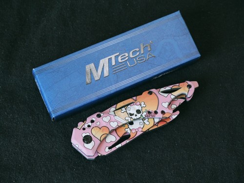 Pink Manga Pocket Knife Kuwaii Skull Heart Spring Assist Bottle Opener Cute - Picture 7 of 7