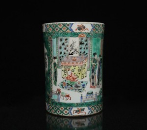 Kangxi Signed Old Chinese Famille Rose Porcelain Brush Pot w/ figures