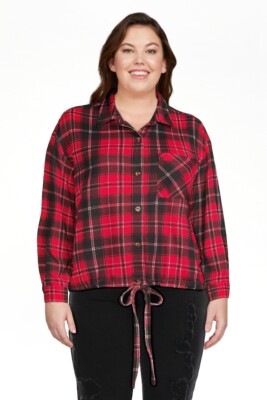 No Boundaries Tie Front Knit Plaid Top Brilliant Red Juniors Plus Size XXXL (21)