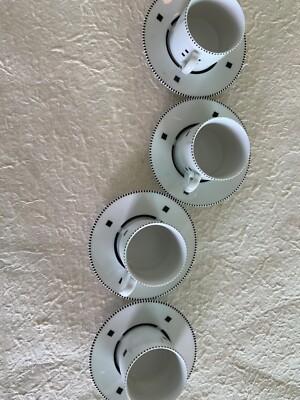 4 Sets of Swid Powell famous Tuxedo Black Demi cups/saucers,Made in Japan.