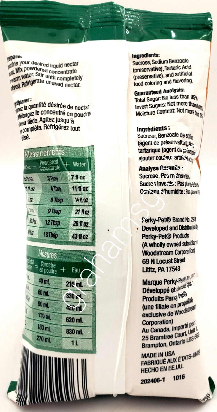 PERKY-PET ORIOLE ORANGE INSTANT NECTAR FOOD MIX CONCENTRATE FOR NECTAR FEEDERS