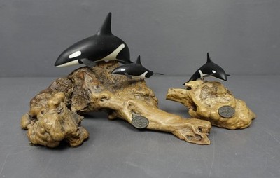 John Perry Vtg Set of 2 Orca Whale w/ Burlwood Sculptures