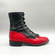 VTG Justin Womens 6.5 B Red Black Floral Leather Kiltie Roper Boots USA Western