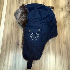 True Religion Mens Denim Trapper Hat Fur Lined Winter Ski Trooper Cap New