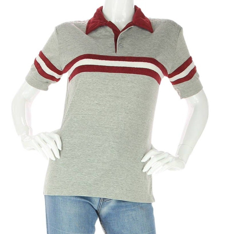 70s Vintage  Mod Hippie Hipster Disco Striped Terry Cloth Trim Gray Polo Shirt