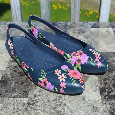 Crocs Kadee Navy Floral Print Slingback Shoes Slip On Flats Women's 9 Vaca Beach