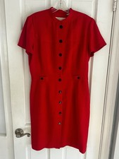 Dana Buchman 100% Silk Red Button Front Dress Sz 10 Vintage Minimalist Chic