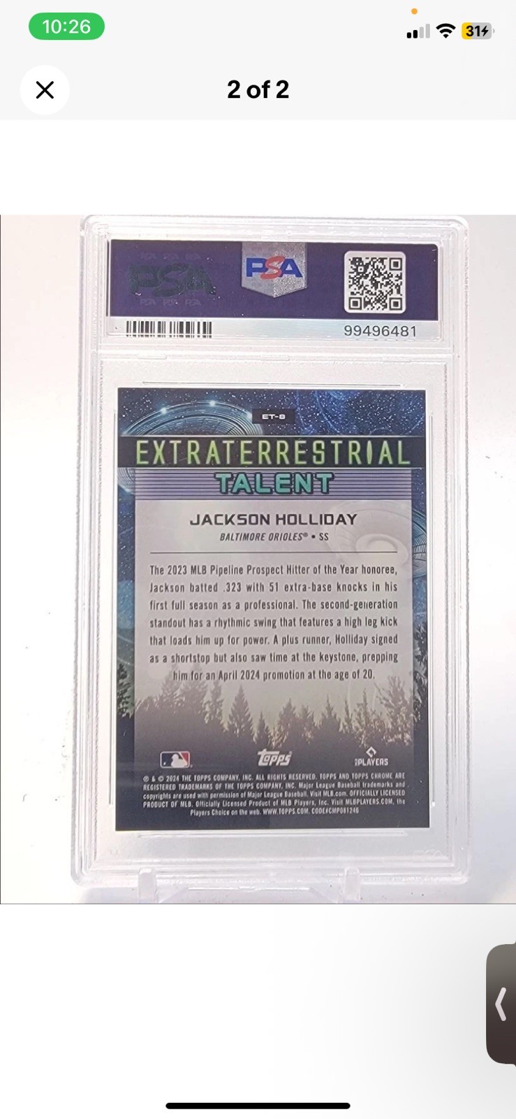 JACKSON HOLLIDAY 2024 TOPPS COSMIC ROOKIE BLACK ECLIPSE RC /10 PSA 10 Q3855 view 2