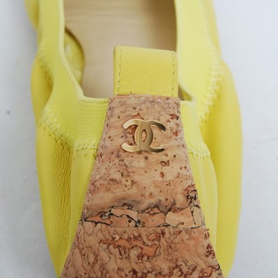 CHANEL Women Yellow Ballet Flats Leather Floral Embroidered