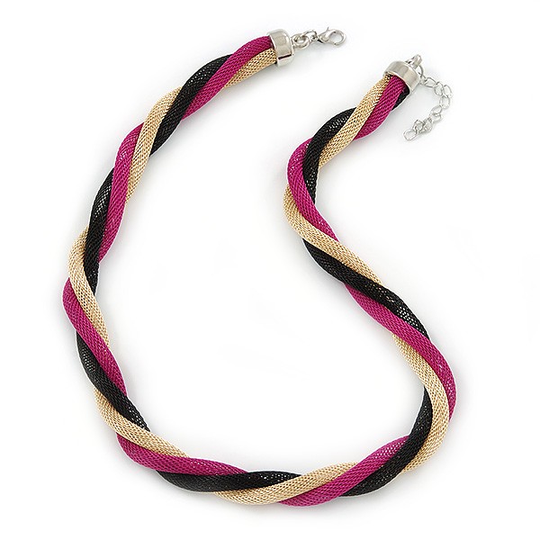 Gold/ Black/ Fuchsia Twisted Mesh Necklace - 38cm L/ 4cm Ext
