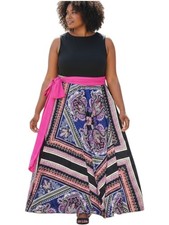 Eliza J Dress Womens 20W Black Pink Paisley Fit Flare Belted Party Plus Occasion
