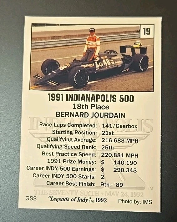 Legends of Indy 1992 #19 Bernard Jourdain 18th Place Indianapolis 500 - Image 2 of 2