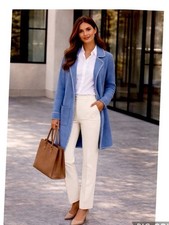 NEW Blue Contrast Trim Longline Knit Blazer Cardigan Office Chic M