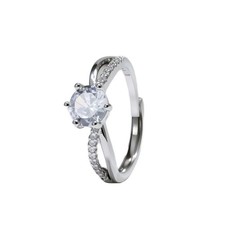 Silver White Gold Solitaire Engagement Ring Crisscross Micro-Pavé Promise Band