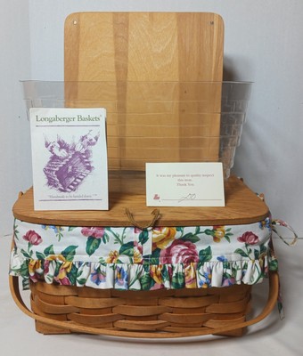 LONGABERGER 11029 Small Picnic Basket w/ Floral Liner Protector & Riser 1990 12''