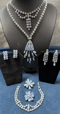 Vintage Ice Blue Rhinestone Jewelry Lot 9 PC Necklaces Earrings Pins Silver Tone