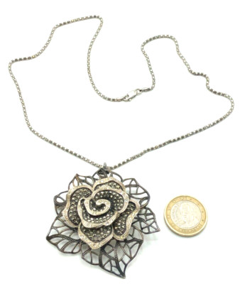 Mega TJM 925 Silber Anhänger Brosche Rose Markasiten Zirkonia + Kette Handarbeit