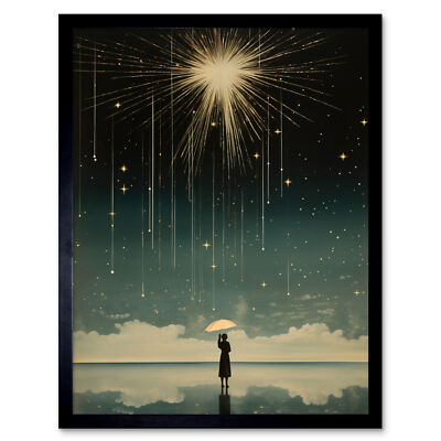 Falling Star Rain Dreamy Bright Star Wish Woman Umbrella Framed Art Print 9X7''
