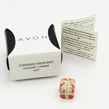 Christmas Gift Red Silver Tone Rhinestone Slide Charm Avon Cherished Memories Bx