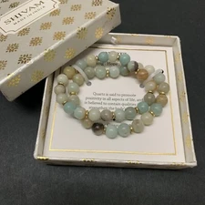 SHIVAM Quartz Beaded Bead STRETCH BRACELET Set Milky Aqua green Gray Tan NWT Box