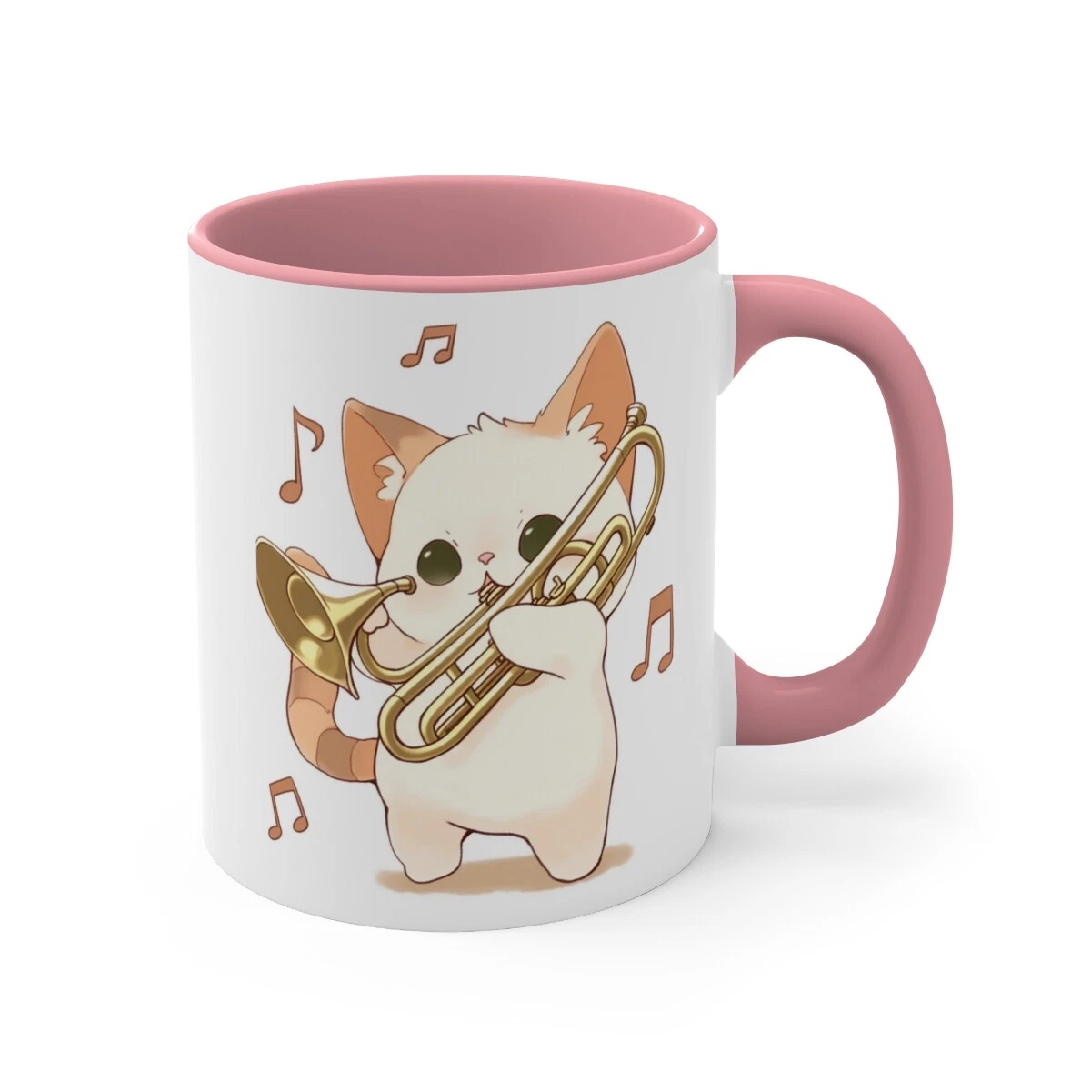 Colorful Accent Coffee Mug 11oz Cute White Cat Trombone Brass Instrument Anime