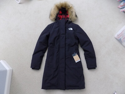 NEW THE NORTH FACE TNF WOMENS XS ARCTIC DOWN PARKA JACKET FUR HOODED BLACK  RED